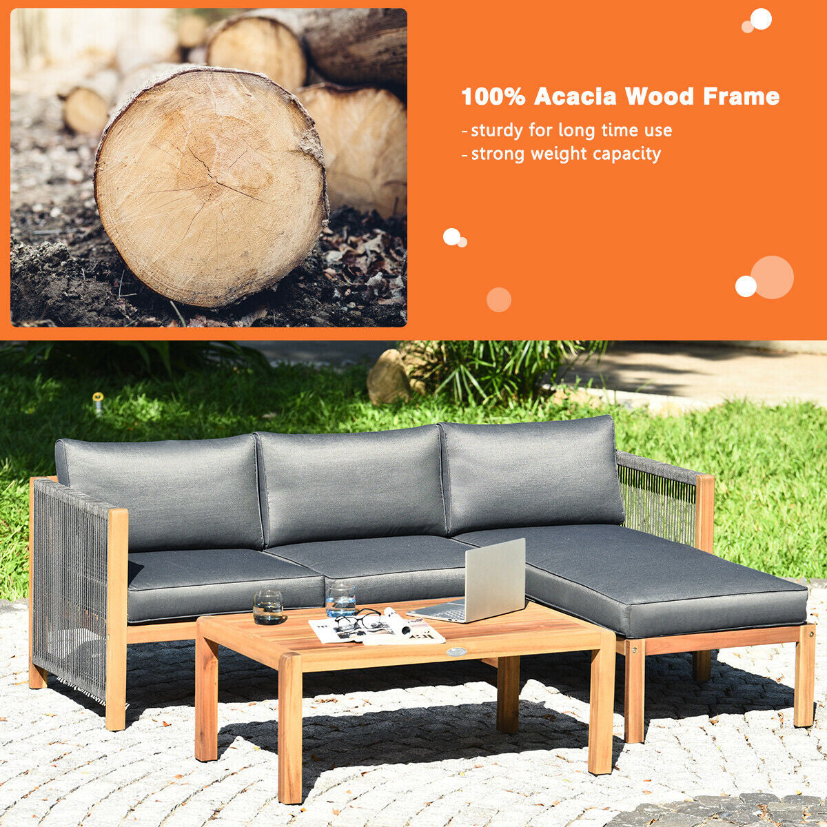 3 Piece Patio Acacia Sofa Set, Gray Outdoor Sectionals at Gallery Canada