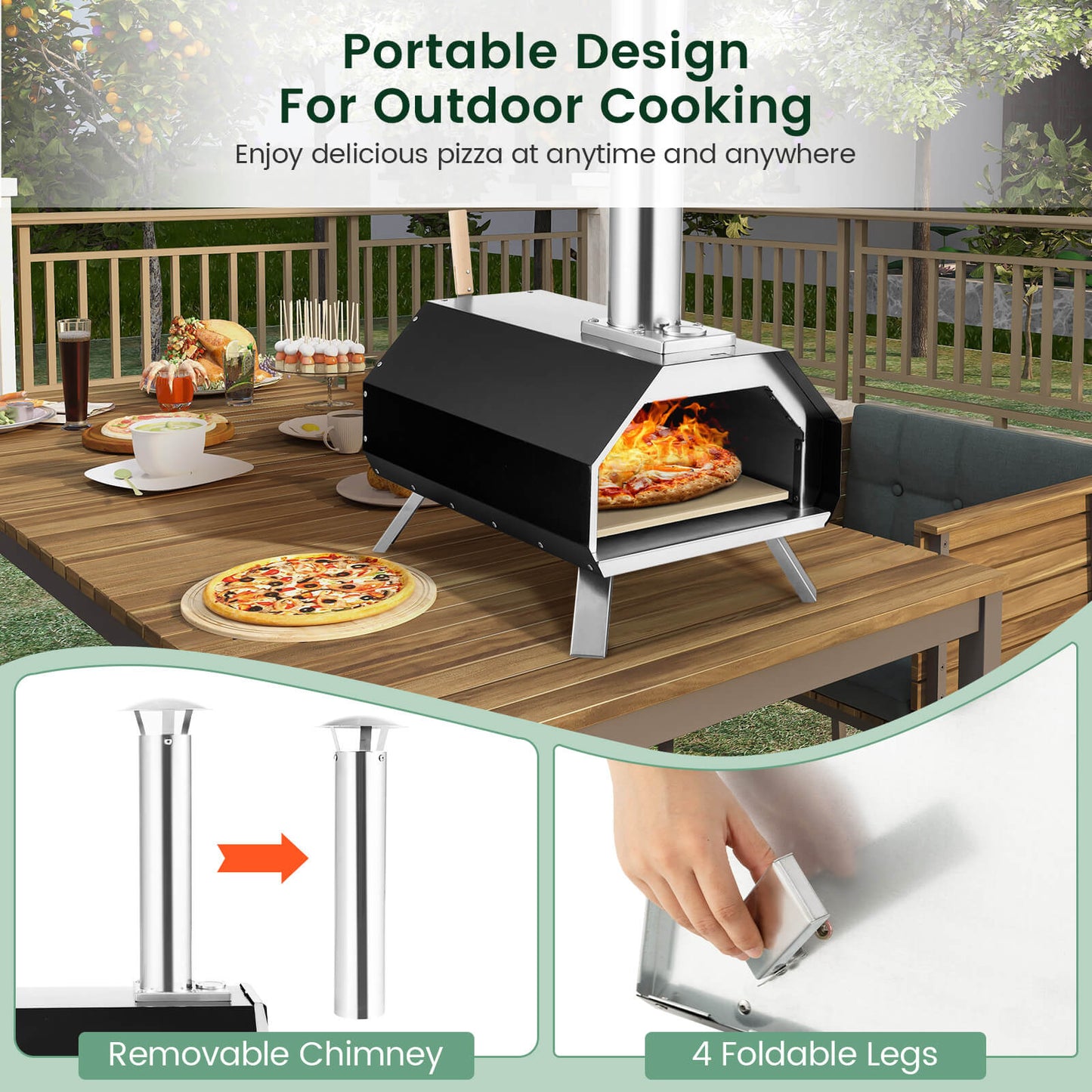 Outdoor Pizza Oven with Stone, Foldable Legs, Black