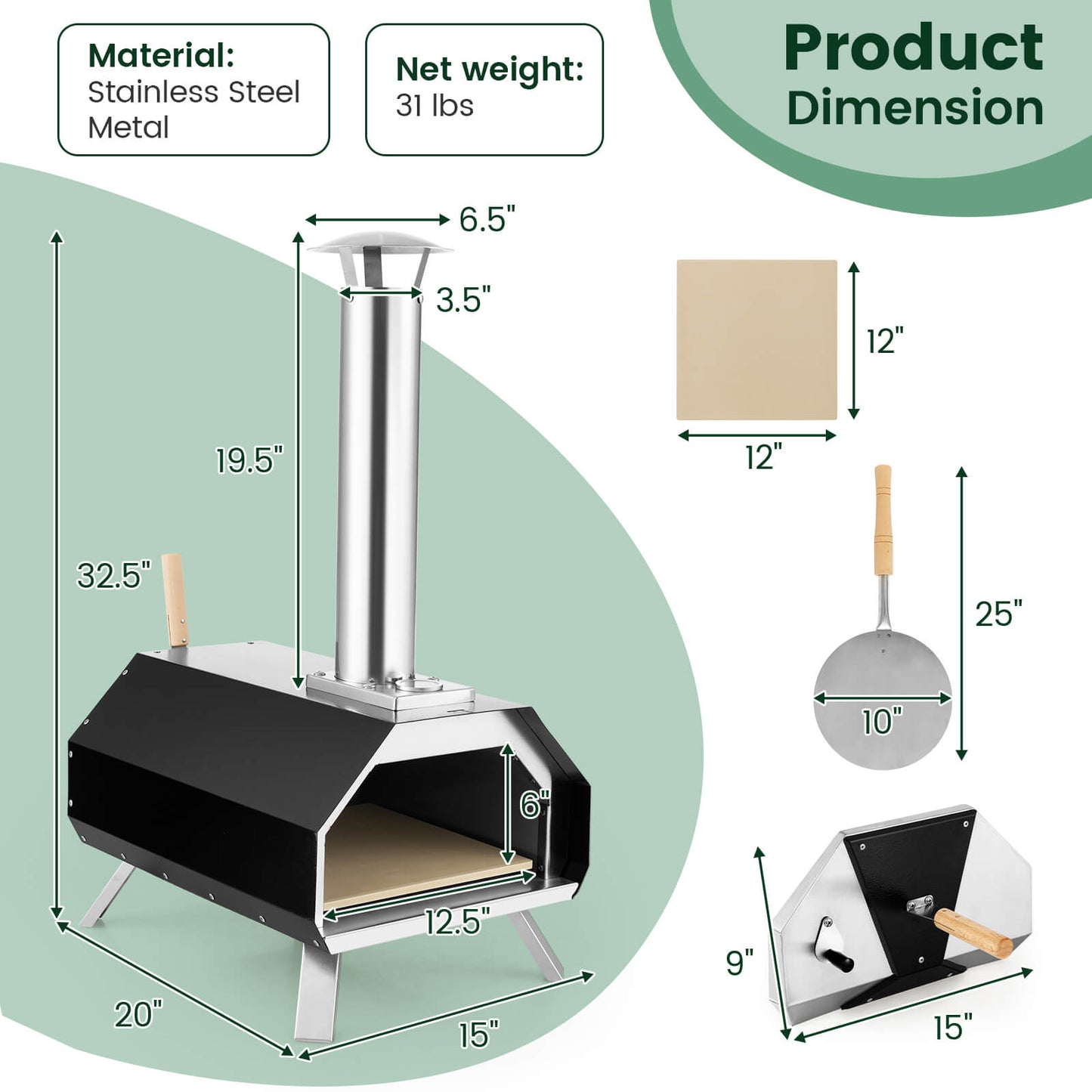 Outdoor Pizza Oven with Stone, Foldable Legs, Black