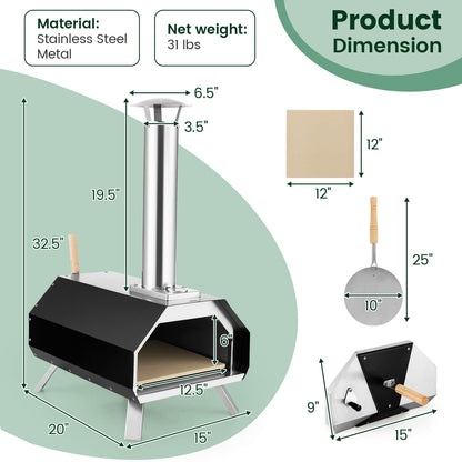 Outdoor Pizza Oven with Stone, Foldable Legs, Black