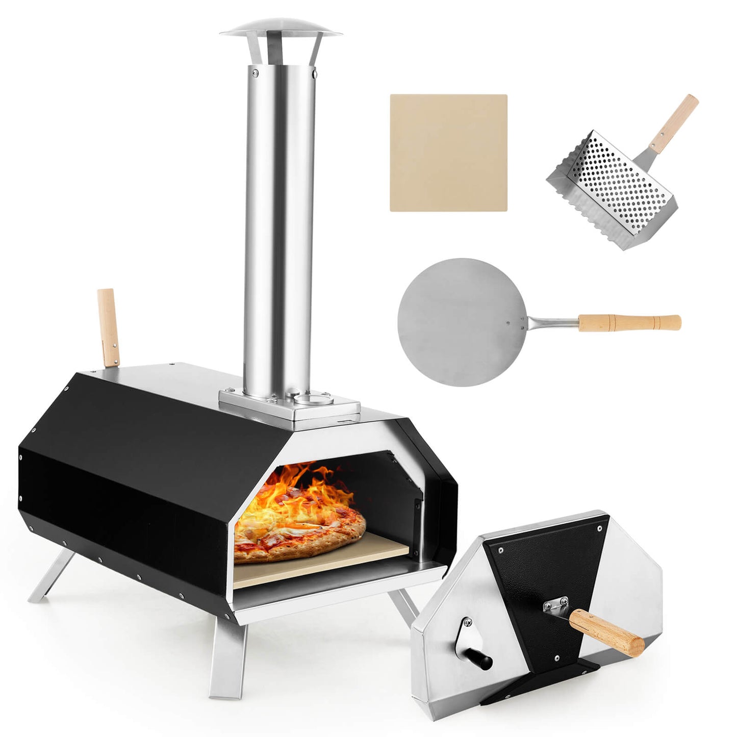Outdoor Pizza Oven with Stone, Foldable Legs, Black