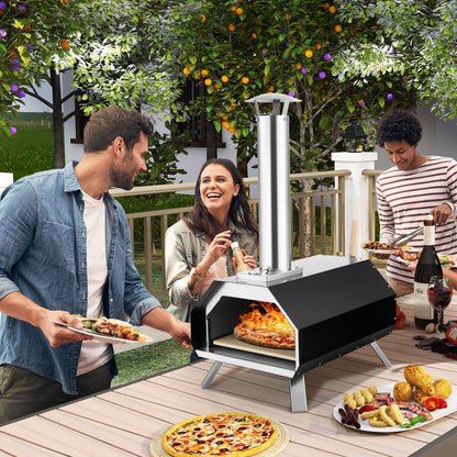 Outdoor Pizza Oven with Stone, Foldable Legs, Black