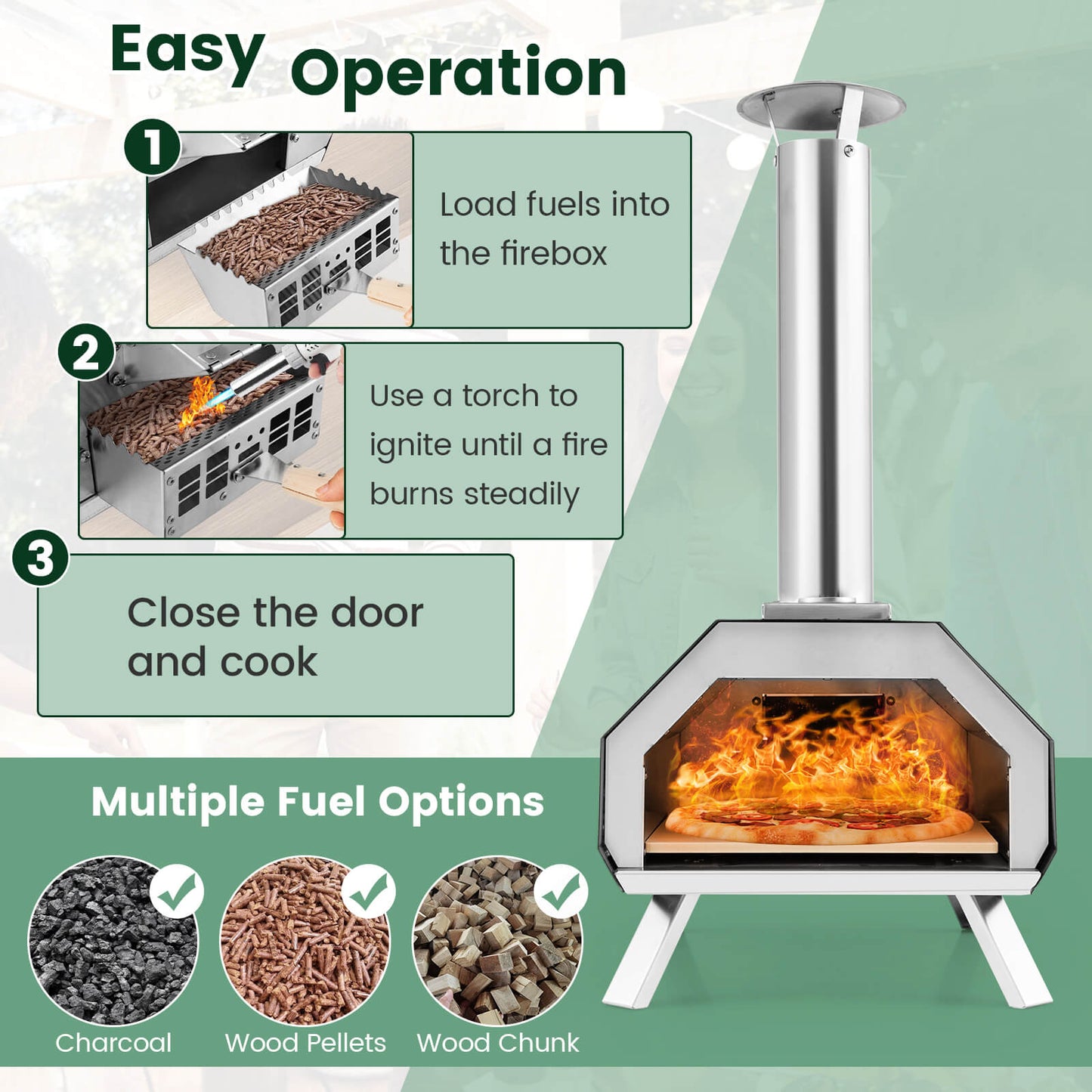 Outdoor Pizza Oven with Stone, Foldable Legs, Black