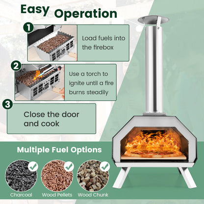 Outdoor Pizza Oven with Stone, Foldable Legs, Black