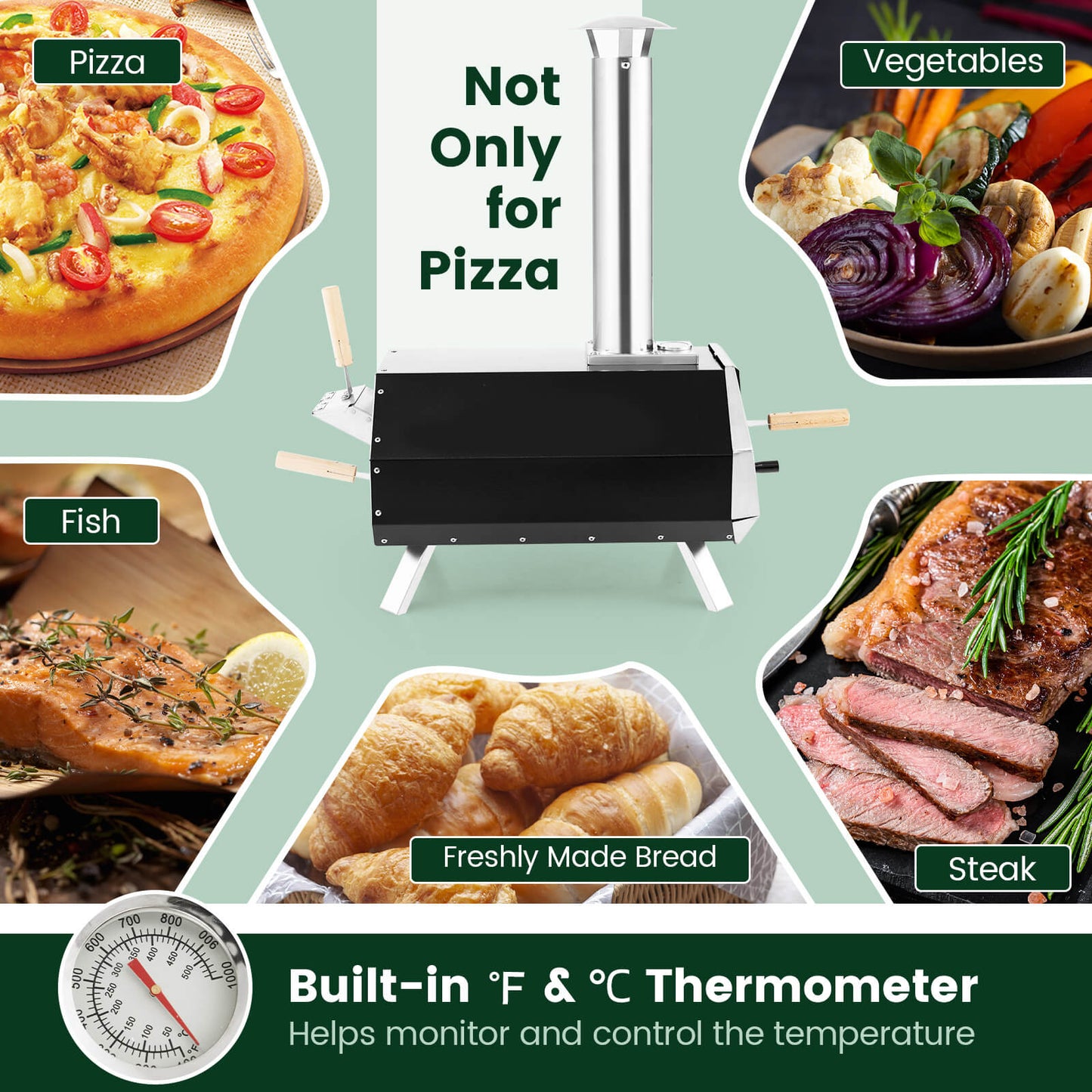 Outdoor Pizza Oven with Stone, Foldable Legs, Black