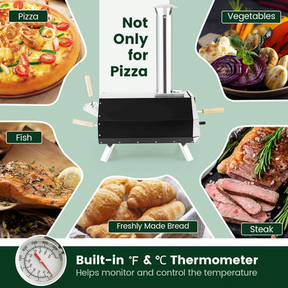 Outdoor Pizza Oven with Stone, Foldable Legs, Black