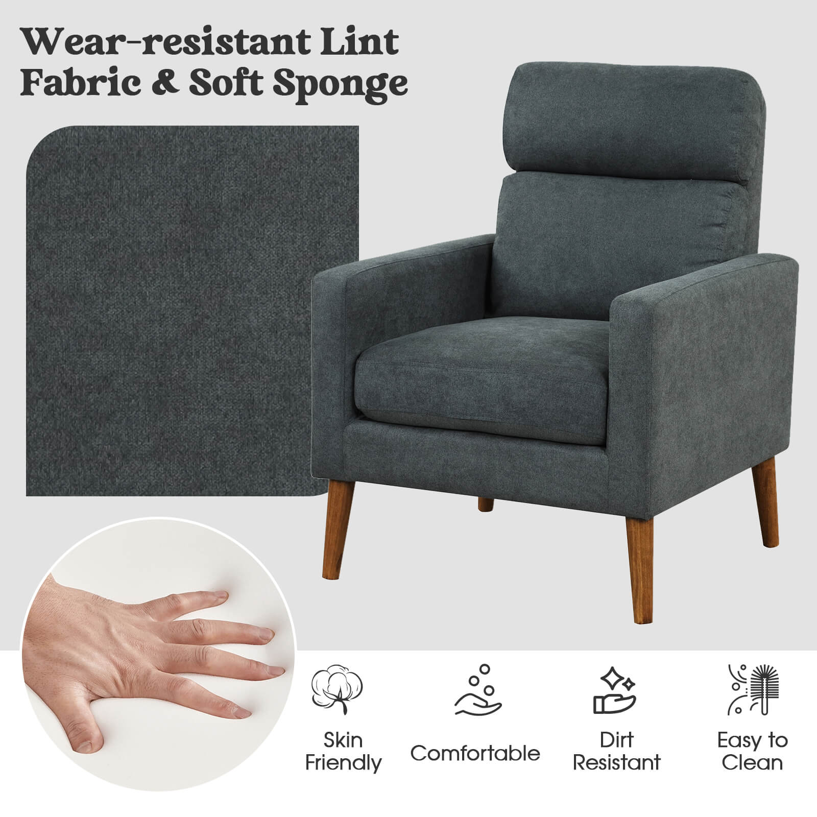 Lint Fabric Modern Accent Chair with Solid Wood Legs, Gray - Gallery Canada