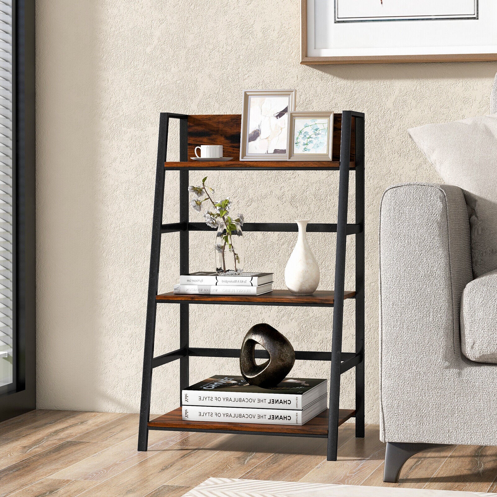 3-Tier Ladder Industrial Bookshelf, Rustic Brown Bookcases at Gallery Canada