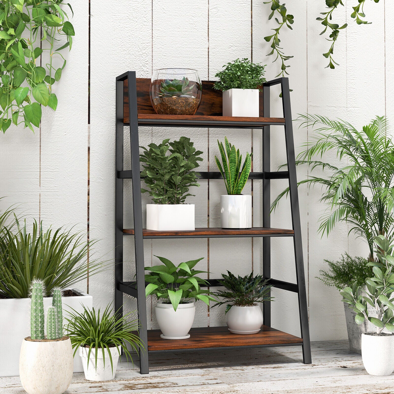 3-Tier Ladder Industrial Bookshelf, Rustic Brown Bookcases at Gallery Canada