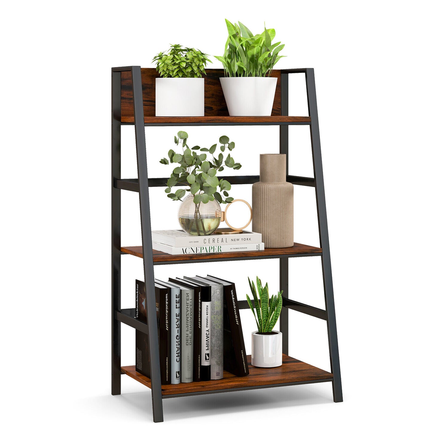 3-Tier Ladder Industrial Bookshelf, Rustic Brown Bookcases at Gallery Canada