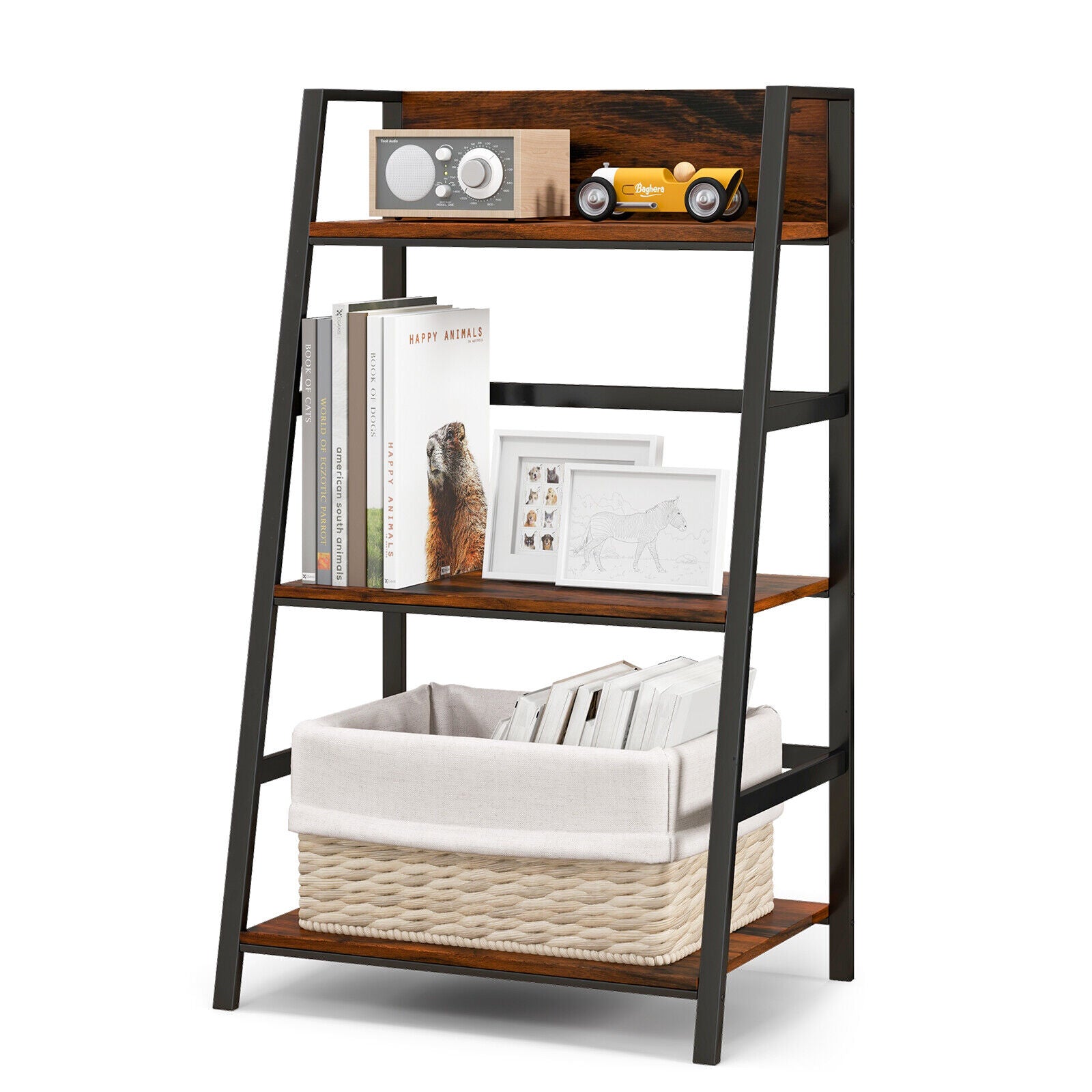 3-Tier Ladder Industrial Bookshelf, Rustic Brown Bookcases at Gallery Canada