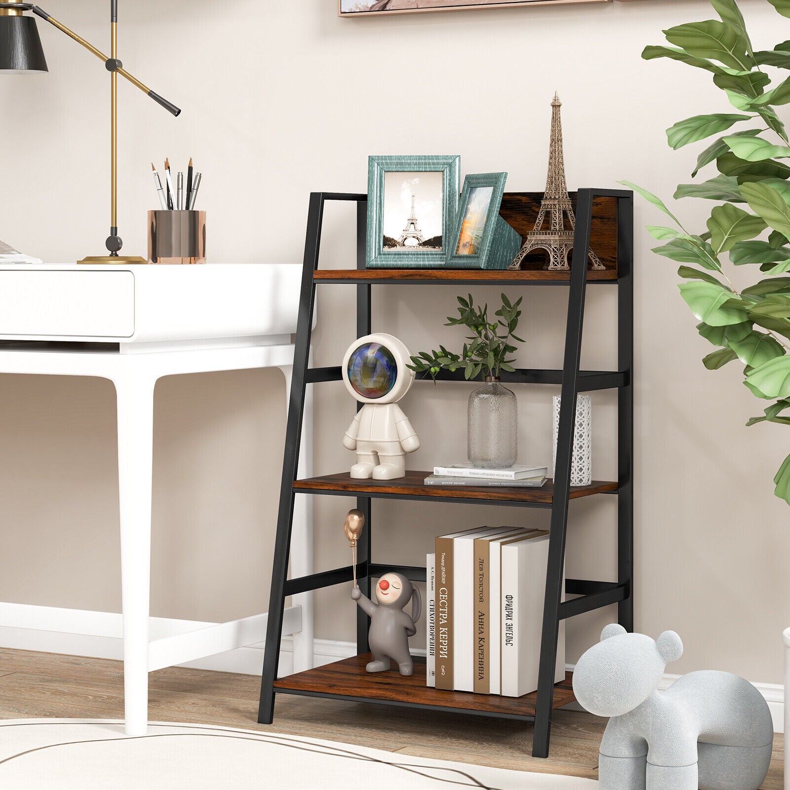 3-Tier Ladder Industrial Bookshelf, Rustic Brown Bookcases at Gallery Canada