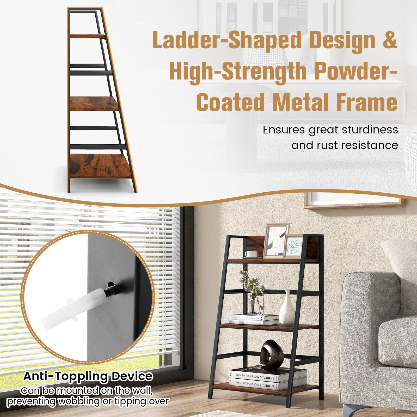 3-Tier Ladder Industrial Bookshelf, Rustic Brown Bookcases at Gallery Canada