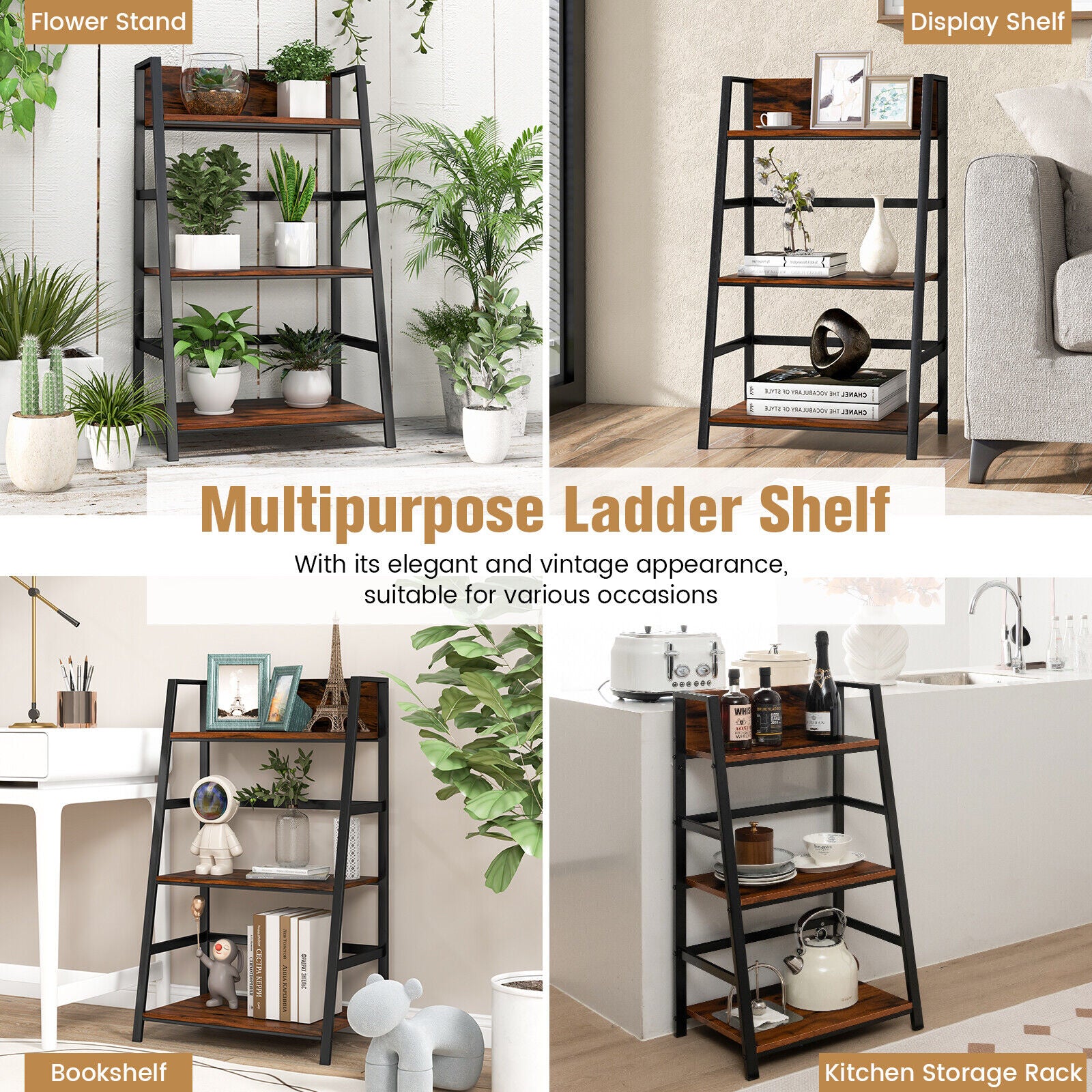 3-Tier Ladder Industrial Bookshelf, Rustic Brown Bookcases at Gallery Canada