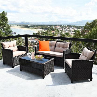4 Pieces Outdoor Rattan Armrest Furniture Set Table with Lower Shelf, Beige Patio Conversation Sets at Gallery Canada