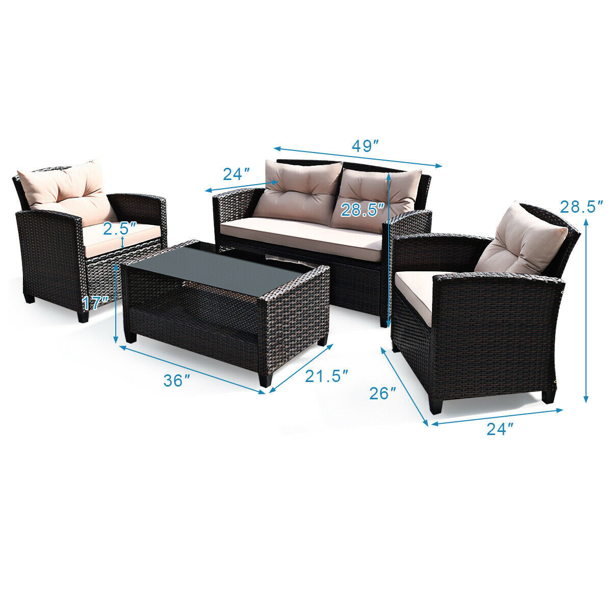 4 Pieces Outdoor Rattan Armrest Furniture Set Table with Lower Shelf, Beige Patio Conversation Sets at Gallery Canada