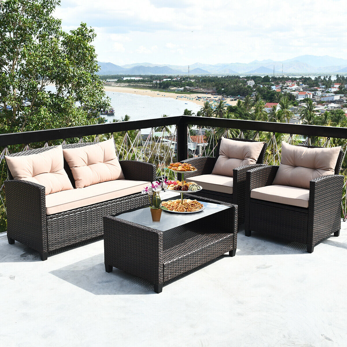 4 Pieces Outdoor Rattan Armrest Furniture Set Table with Lower Shelf, Beige Patio Conversation Sets at Gallery Canada