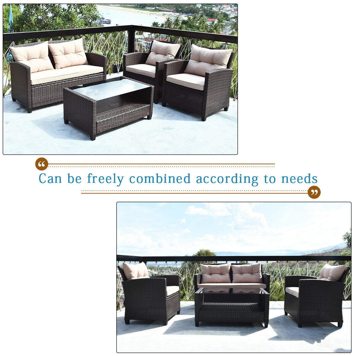4 Pieces Outdoor Rattan Armrest Furniture Set Table with Lower Shelf, Beige Patio Conversation Sets at Gallery Canada