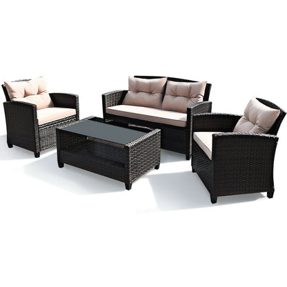 4 Pieces Outdoor Rattan Armrest Furniture Set Table with Lower Shelf, Beige Patio Conversation Sets at Gallery Canada