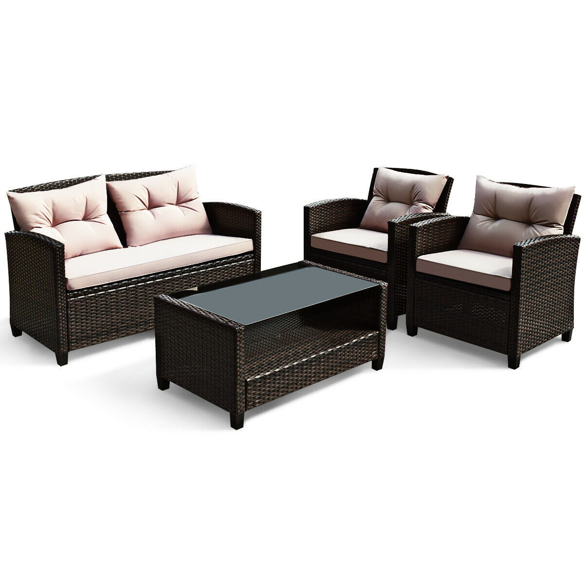 Outdoor Rattan Armrest Furniture Set, 4 Pieces, Table With Lower Shelf, Beige Patio Conversation Sets Beige at Gallery Canada