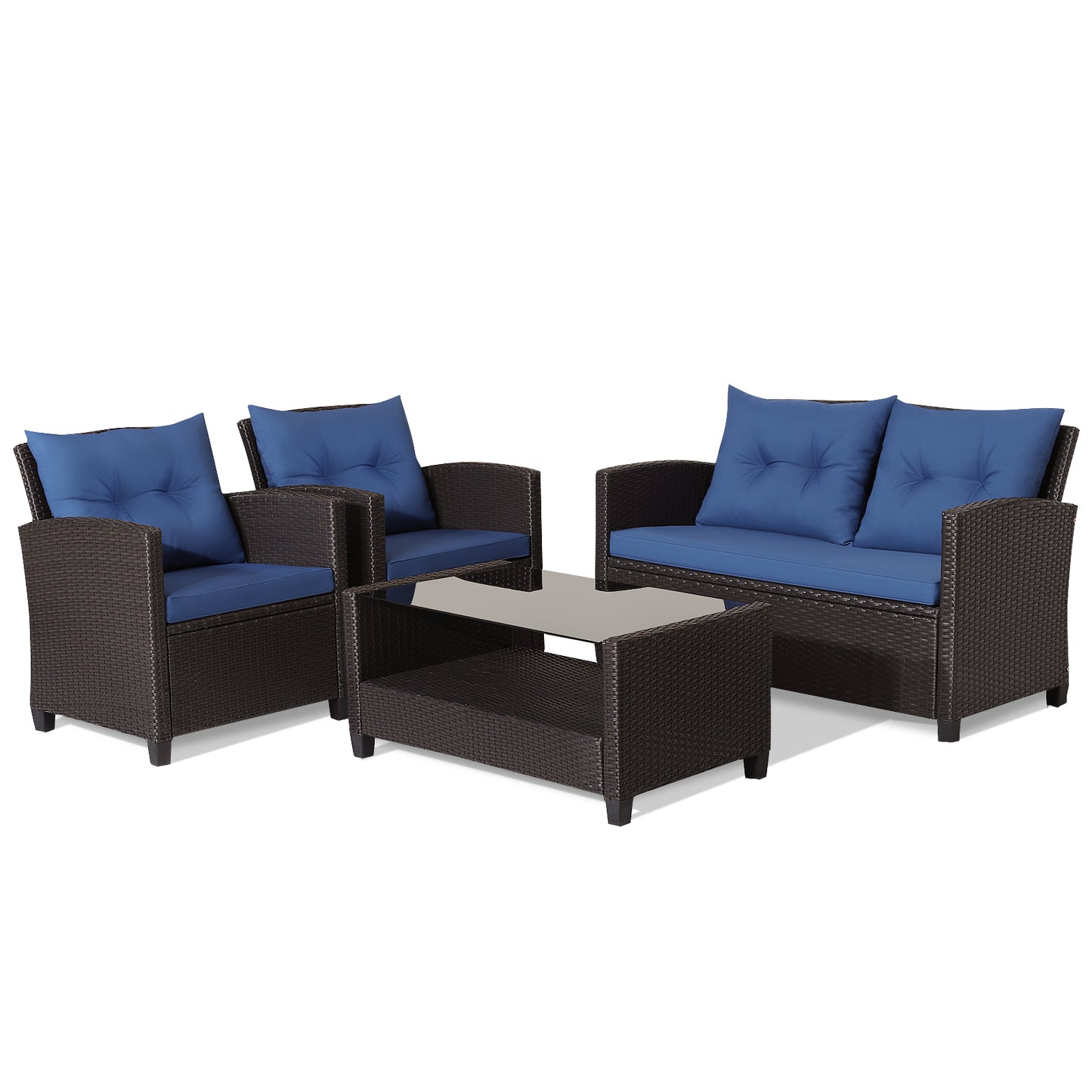 4-Piece Patio Rattan Set With Coffee Table, Navy