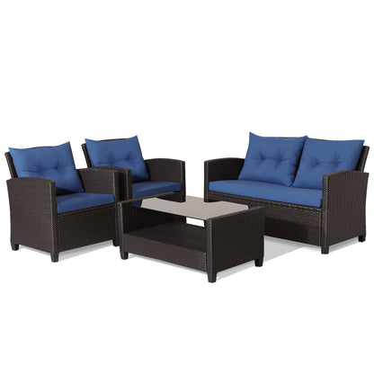 4-Piece Patio Rattan Set With Coffee Table, Navy
