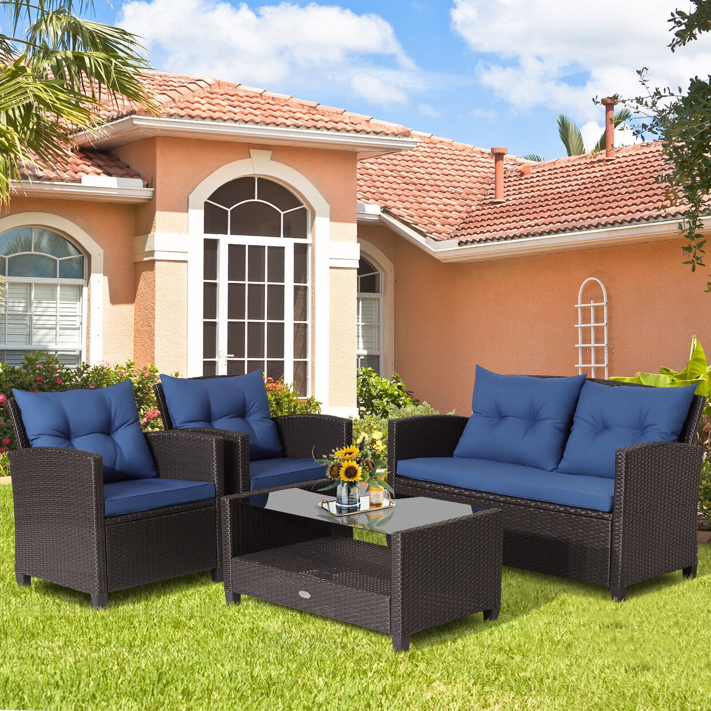 4-Piece Patio Rattan Set With Coffee Table, Navy