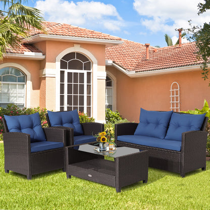 4-Piece Patio Rattan Set With Coffee Table, Navy
