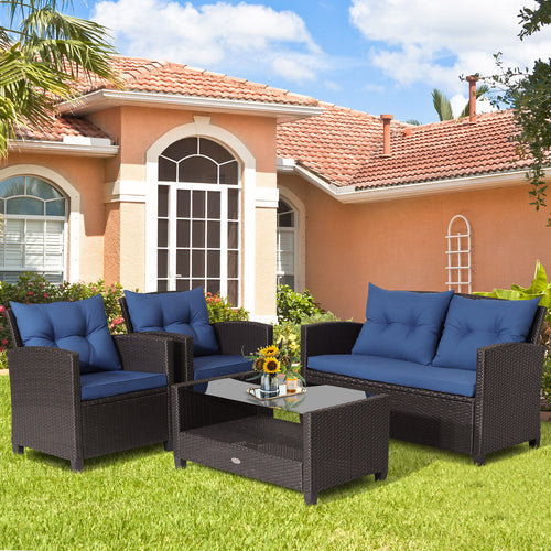 4-Piece Patio Rattan Set With Coffee Table, Navy