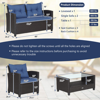 4-Piece Patio Rattan Set With Coffee Table, Navy