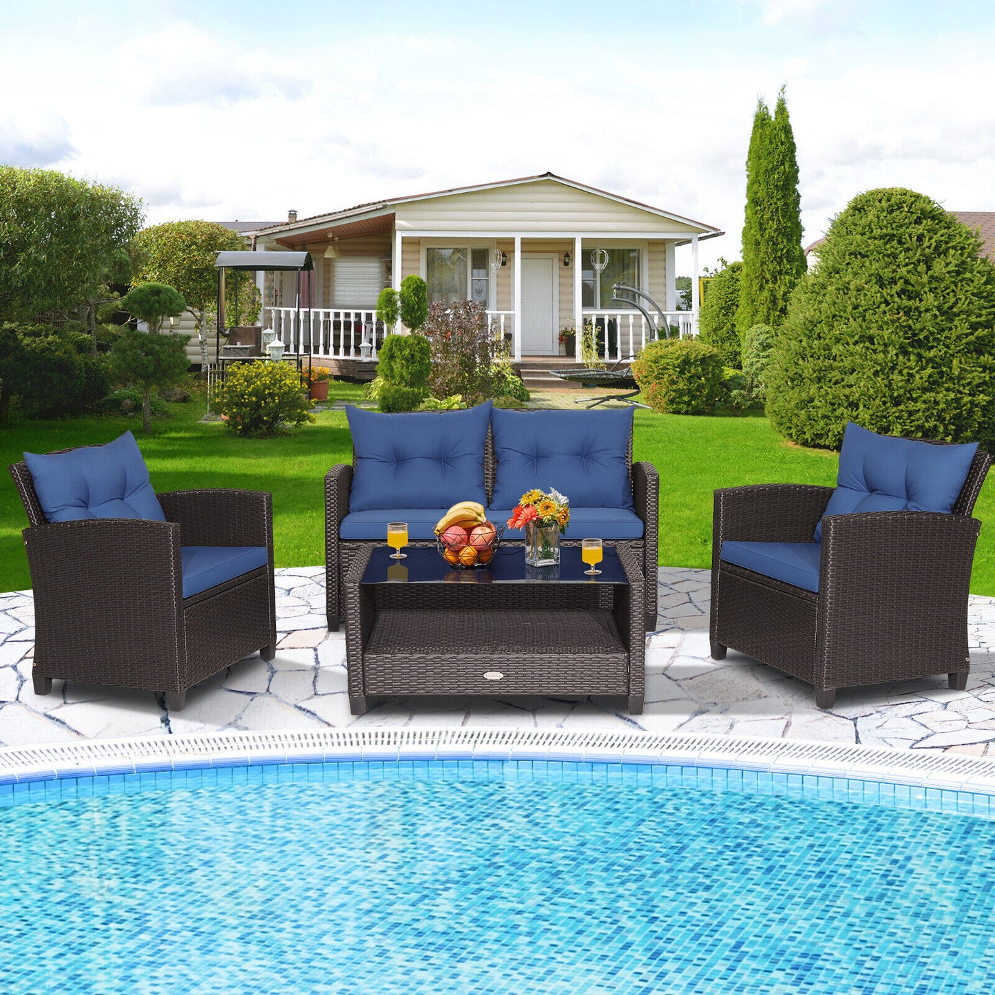 4-Piece Patio Rattan Set With Coffee Table, Navy