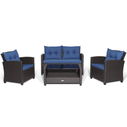 4-Piece Patio Rattan Set With Coffee Table, Navy