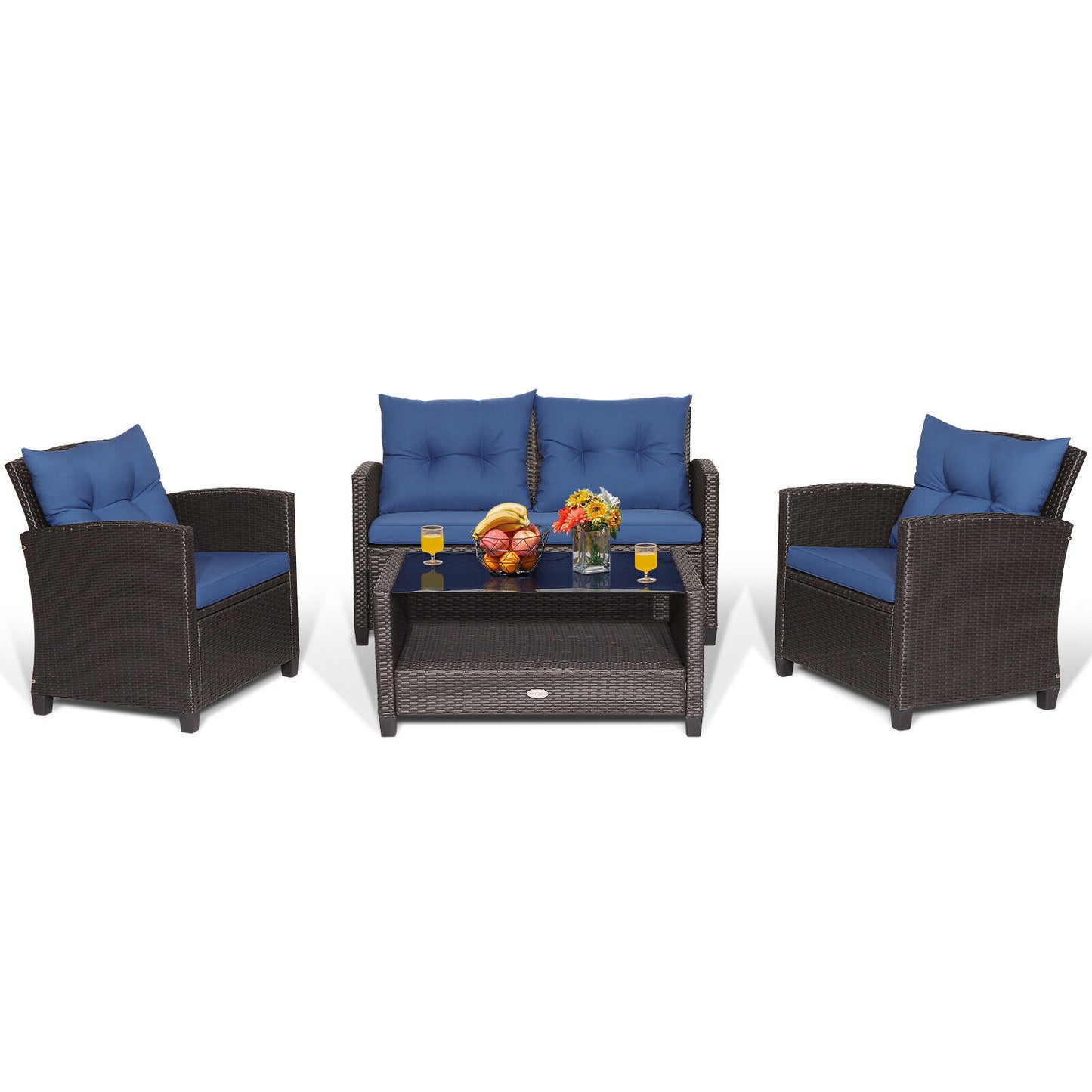 4-Piece Patio Rattan Set With Coffee Table, Navy