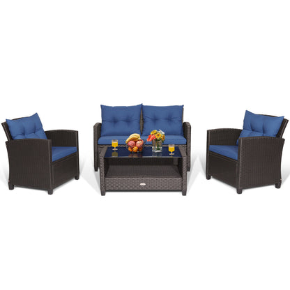 4-Piece Patio Rattan Set With Coffee Table, Navy