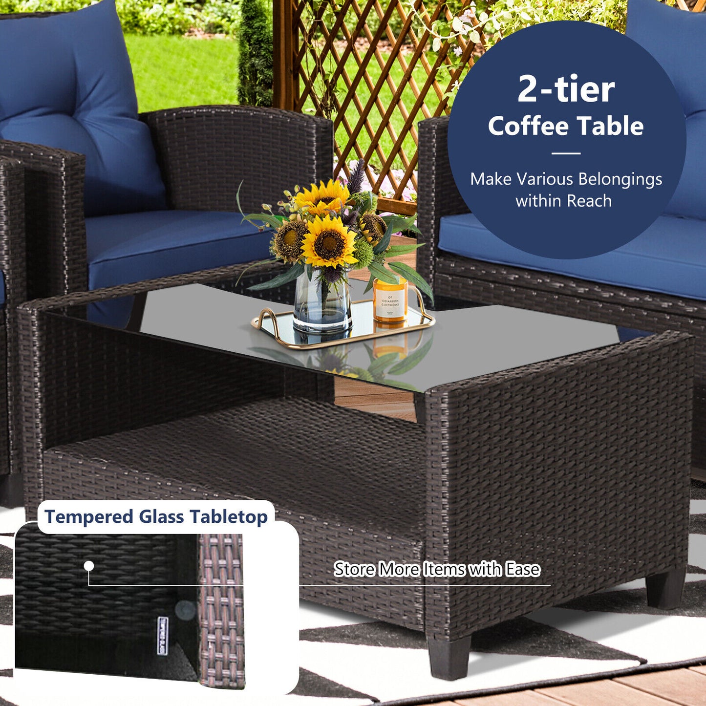 4-Piece Patio Rattan Set With Coffee Table, Navy