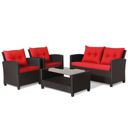4-Piece Patio Rattan Furniture Set, Glass Coffee Table, Red Patio Conversation Sets Red at Gallery Canada