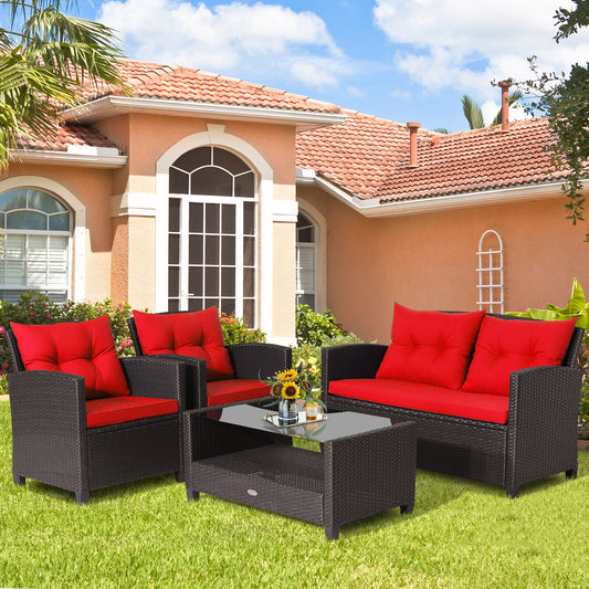 4-Piece Patio Rattan Furniture Set, Glass Coffee Table, Red Patio Conversation Sets Red at Gallery Canada