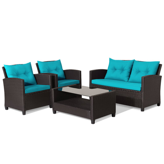4 Piece Patio Rattan Furniture Set with Glass Table, Turquoise Patio Conversation Sets Turquoise at Gallery Canada