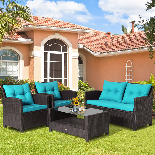 4 Piece Patio Rattan Furniture Set with Glass Table, Turquoise Patio Conversation Sets Turquoise at Gallery Canada
