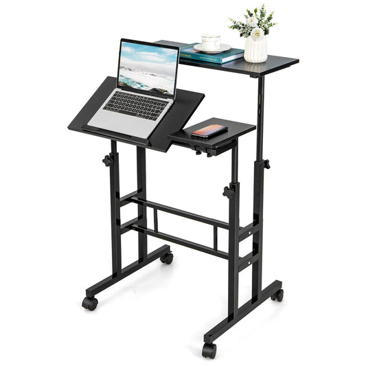 Mobile Stand up Computer Desk with 2 Tilting Desktops, Black