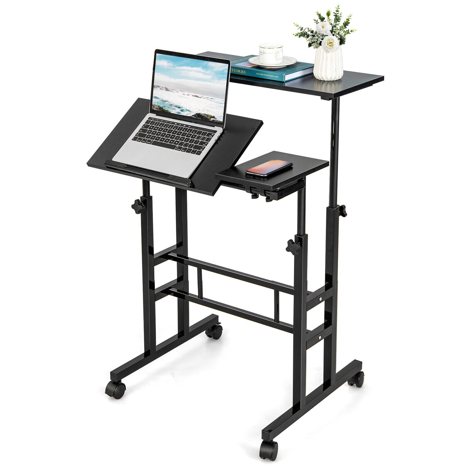 Mobile Stand Up Computer Desk, Adjustable With 2 Tilting Desktops, Black Laptop Tables & Printer Stands Black at Gallery Canada