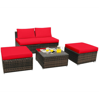 5 Pieces Patio Rattan Furniture Set with Cushioned Armless Sofa, Red - Gallery Canada