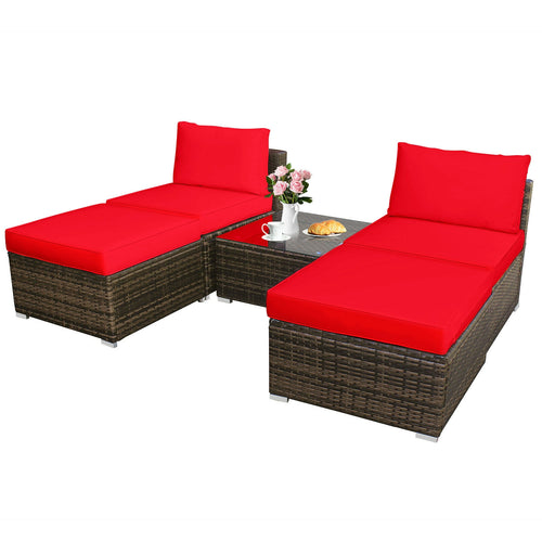 5-Piece Patio Rattan Furniture Set, Cushioned Armless Sofa, Red