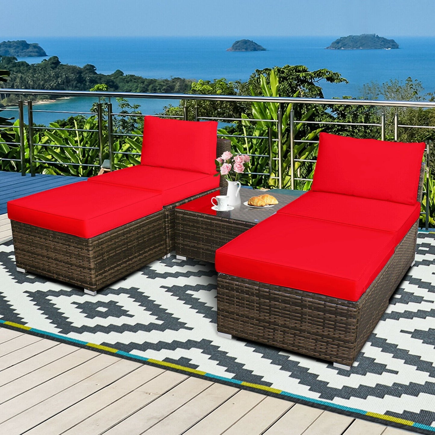 5 Pieces Patio Rattan Furniture Set with Cushioned Armless Sofa, Red - Gallery Canada
