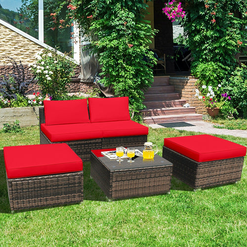 5 Pieces Patio Rattan Furniture Set with Cushioned Armless Sofa, Red