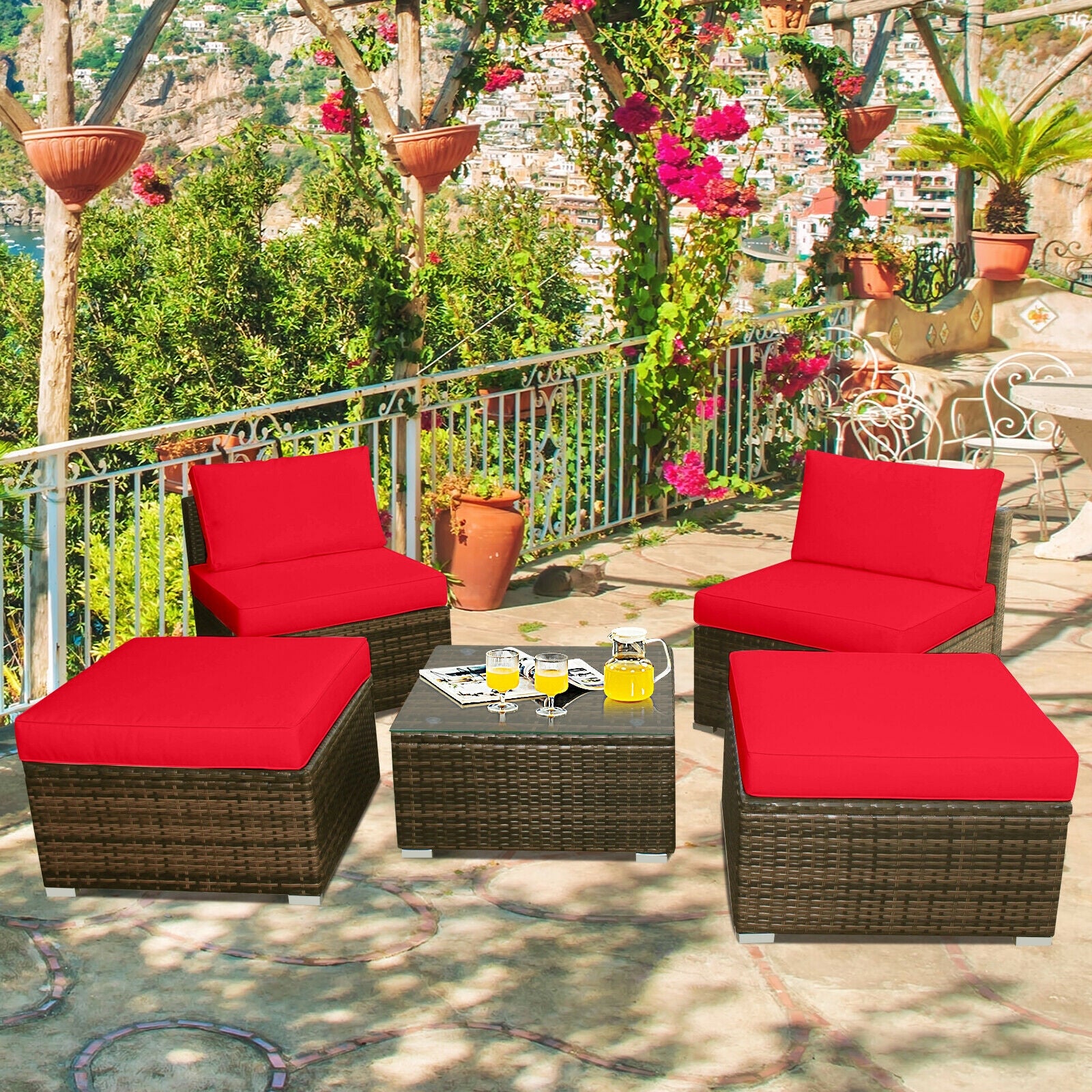 5-Piece Patio Rattan Furniture Set, Cushioned Armless Sofa, Red Patio Conversation Sets at Gallery Canada