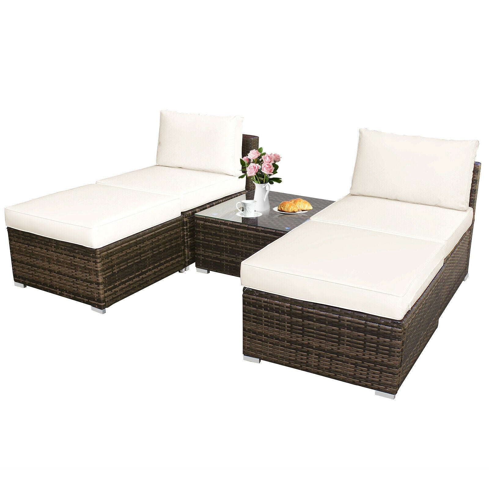 5 Pieces Patio Rattan Furniture Set with Cushioned Armless Sofa, White Patio Conversation Sets at Gallery Canada