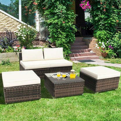 5 Pieces Patio Rattan Furniture Set with Cushioned Armless Sofa, White - Gallery Canada