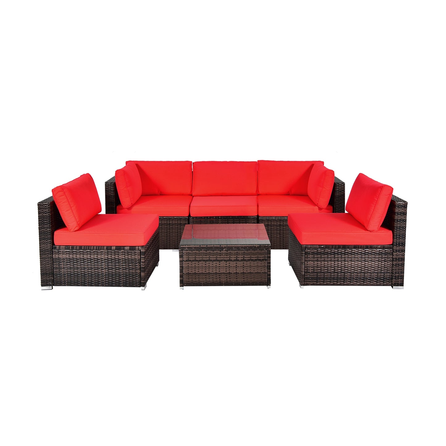 6 Piece Patio Rattan Furniture Set, With Cushions And Glass Coffee Table, Red Outdoor Sectionals Red at Gallery Canada