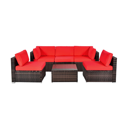 6 Piece Patio Rattan Furniture Set, With Cushions And Glass Coffee Table, Red Outdoor Sectionals Red at Gallery Canada